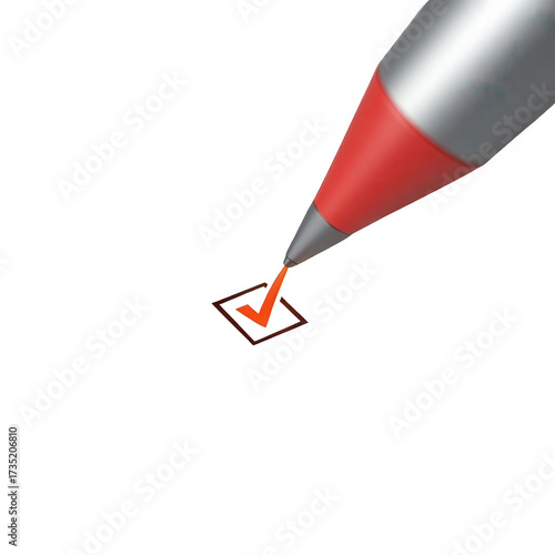 Pen draws an orange checkmark inside a box, illustrating the concept of selection, choice, or confirmation against a stark black backdrop, with the metallic pen creating a visually appealing...