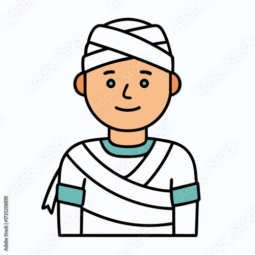 Doodle illustration of an injured man with head and arm bandages, simple line vector character on white background