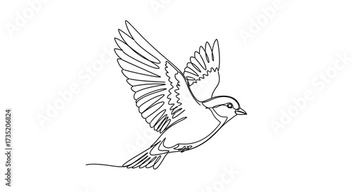 Elegant single line drawing of a flying sparrow, showcasing simplicity and nature's beauty