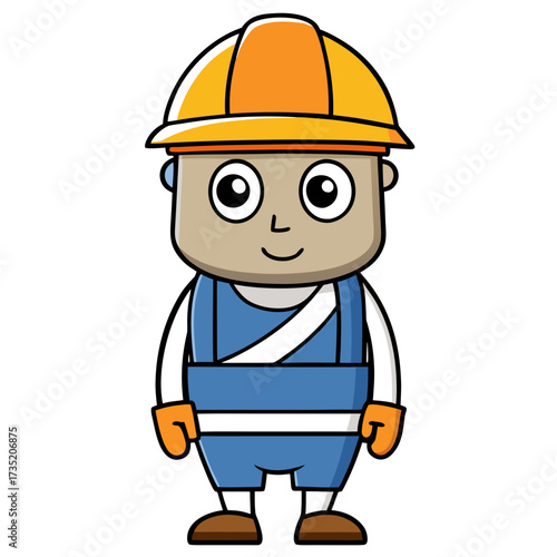 Doodle character of an injured construction worker wearing a safety helmet, representing workplace health and safety on white background