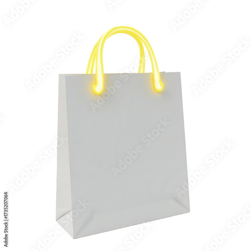 White shopping bag with yellow glowing handles is isolated on a black background. The glossy presentation of the gift bag is perfect for advertising.