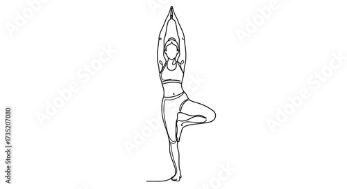 Continuous line drawing of a woman doing yoga pose in black and white vector illustration
