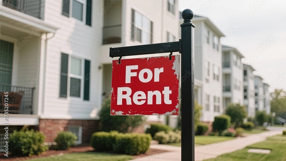 Obraz premium A 'For Rent' sign displayed in front of a row of apartment buildings on a residential street.