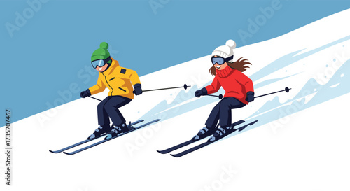 Two children skiing down a snowy slope on a bright sunny day with blue skies.