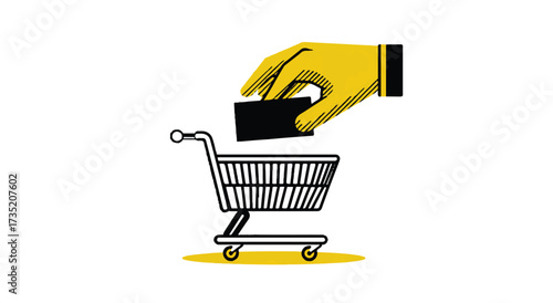 Hand putting credit card into shopping cart illustration for online purchases and e commerce concept