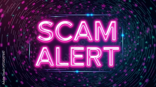 Vibrant neon sign reading 'SCAM ALERT' against a swirling background, conveying urgency and caution.