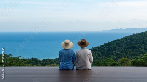 Elderly Asian couple sitting on the terrace of a private villa taking in the breathtaking panoramic view of the sparkling ocean and lush verdant landscape in the distance