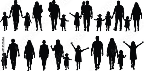 Silhouette of family walking together, parents with children, happy kids, mother father unity, family lifestyle, love, bonding, parenting concept