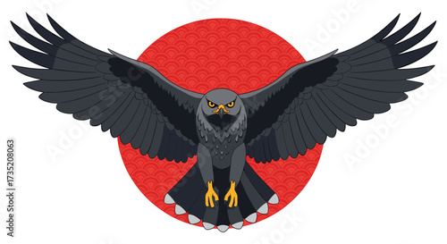 Majestic falcon with outstretched wings in flight against a vibrant red sun.