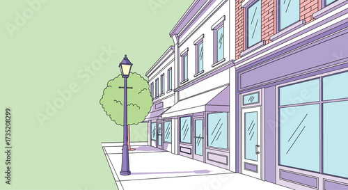 An empty street with shops and a lamppost on a light green background.