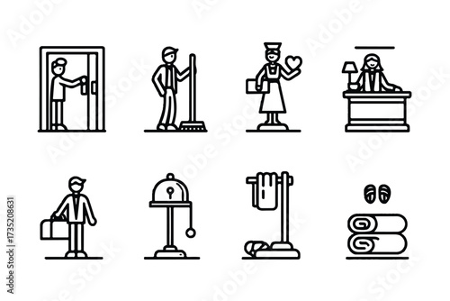 Hotel services icon set representing hospitality and accommodation facilities through simplified line art depicting various staff and amenities