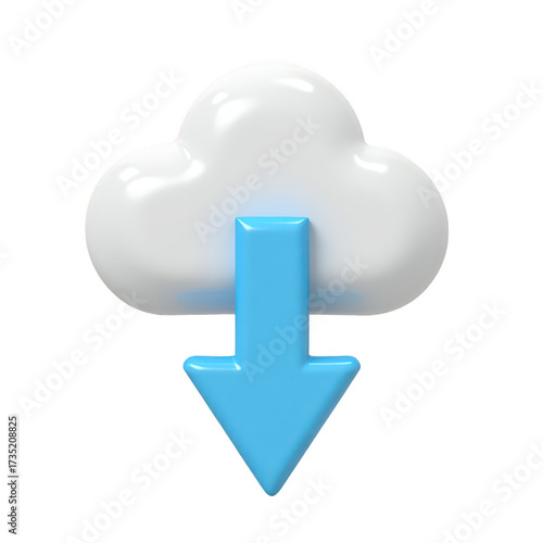 White, glossy cloud icon with a bright blue downward arrow, symbolizing download or access, set against a stark, dark, black background, creating a modern and clean aesthetic, suitable for digital...