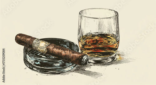 Illustration of a Relaxing Evening with Whiskey and a Cigar in Vintage Style