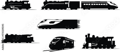 Vintage steam train, modern bullet train, railway transport silhouette, fast locomotive design, passenger rail illustration, express train vector, transportation concept art