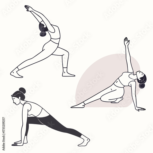 Three women practicing yoga in various poses showcasing flexibility and balance with clean line art and a minimalist aesthetic