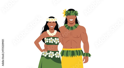 A happy Polynesian couple dressed in traditional attire for a celebration.