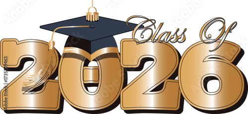 3D Gold Class of 2026 Graduation Text with Black Cap – Elegant Metallic Graduation Typography Design for Seniors