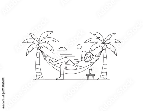 Relaxing on a hammock between palm trees, enjoying a vacation with a drink in the sun, VectorImage (333)