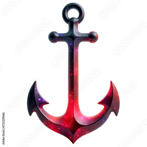 The image showcases a detailed, 3D-rendered anchor design, featuring a gradient of colors like red, purple, and black, that has a cosmic galaxy theme; the illustration is isolated against a black...