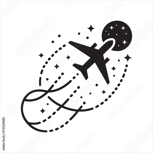 Plane flying with dotted travel path vector silhouette line art logo design concept illustration