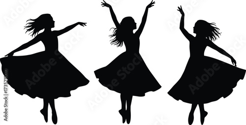 Silhouette of graceful women dancing, ballerina performance, artistic movement, elegant dress flow, modern dance, choreography, stage performance, beauty, art