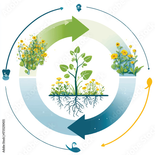 Infographic Depicting Plant Life Cycle with Yellow Flowers and Root System in Circular Illustration Showing Growth and Development