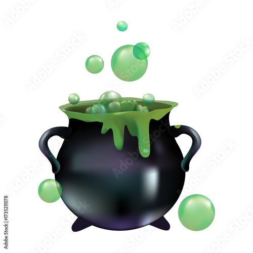 Whimsical Halloween cauldron with bubbling green potion and magical green spheres on a white background