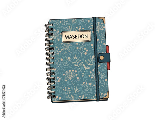 Stylish Floral Journal with 'WASEDON' Text on a Blue Cover Design, Spiral Bound and Elastic Closure, Vector Illustration