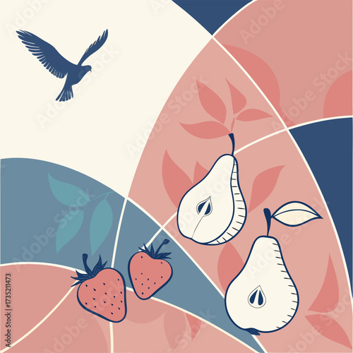 A stylized illustration featuring a silhouette of a bird in flight above sliced pears and strawberries set against a backdrop of abstract geometric shapes and floral motifs