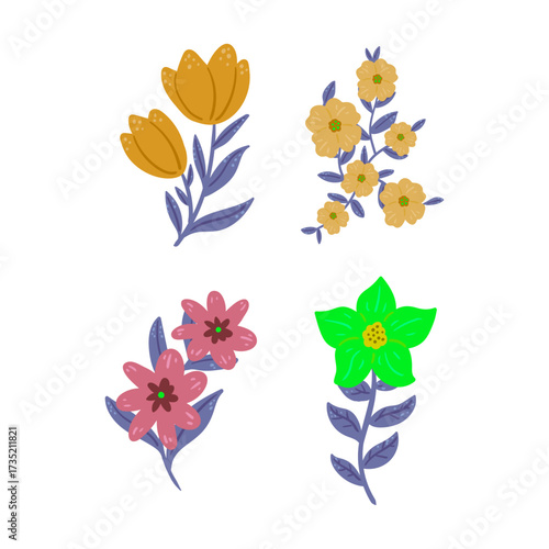 Delicate floral illustrations featuring blooming tulips and blossoms in vibrant yellow, pink, and green hues