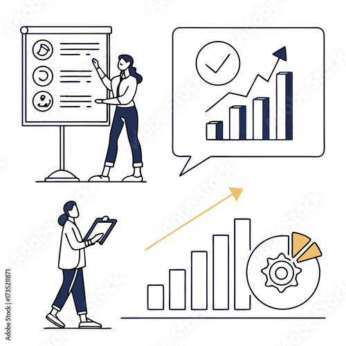 Business analysis and presentation of growth charts and data with people interacting with visual aids and reports
