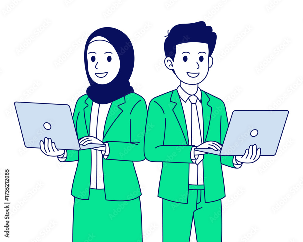 Fototapeta premium Cartoon illustration of businessman and businesswoman standing holding a laptop