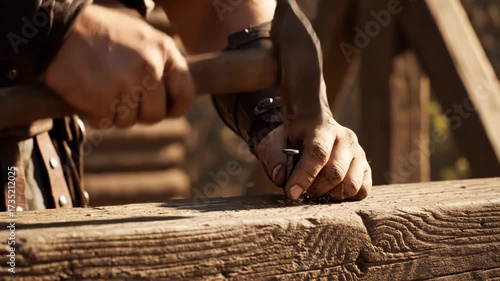 Powerful Cinematic Close-Up of Ancient Hands Hammering a Large Nail into a Wooden Beam