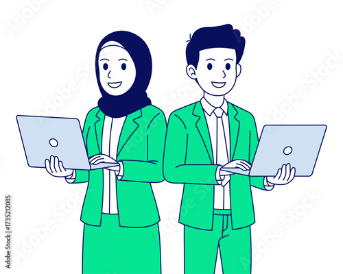 Cartoon illustration of businessman and businesswoman standing holding a laptop