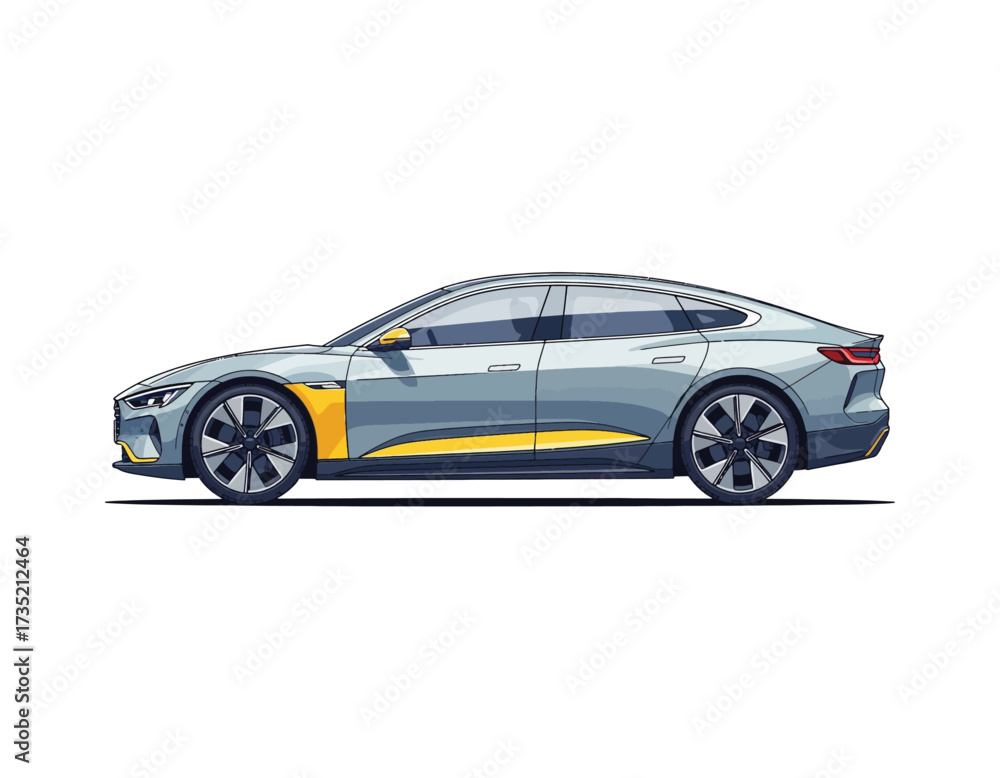 Naklejka premium Detailed vector illustration of a futuristic electric sedan car in a side view profile. Modern automotive vehicle design concept isolated on a clean white background