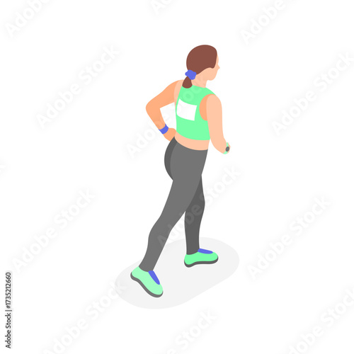 Isometric illustration of a woman running in a green tank top and grey leggings