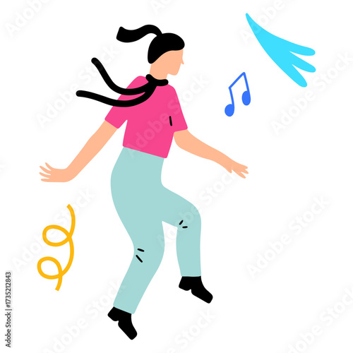 Happy young woman dancing and enjoying music in a lively and colorful illustration