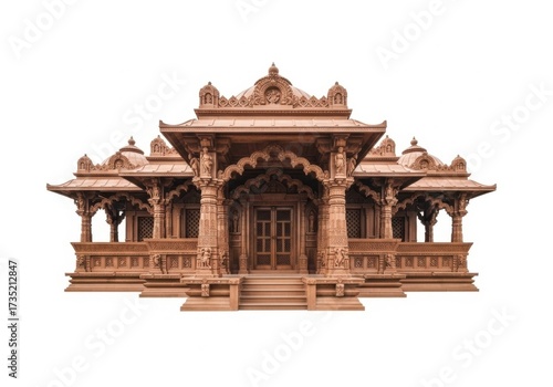 Detailed sandstone temple isolated on white background, india