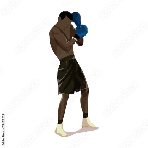 Illustration of a boxer in a defensive stance with blue boxing gloves, isolated on white background