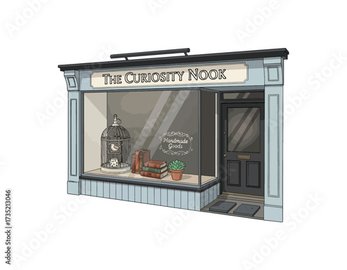 Charming illustration of a quaint shopfront, labeled 'The Curiosity Nook'. Featuring books, a birdcage, and a welcoming door. Perfect for design