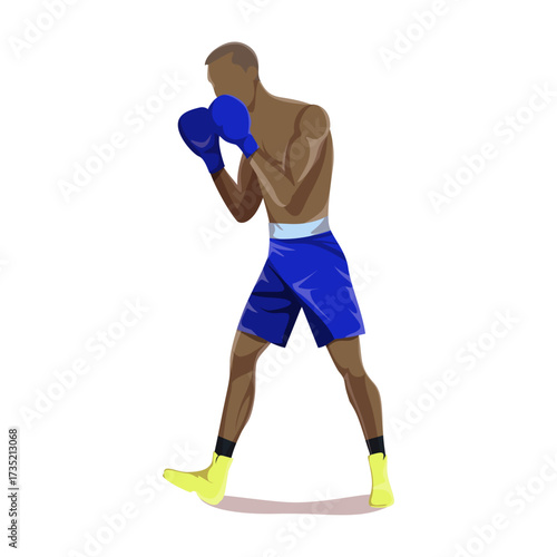 Athletic Boxer in Blue Shorts Demonstrates Boxing Stance with Focused Expression and Ready to Fight