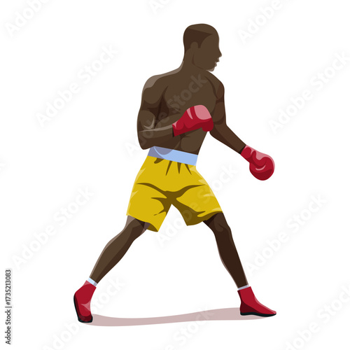 Boxing athlete in fighting stance wearing red gloves and yellow shorts, ready to compete