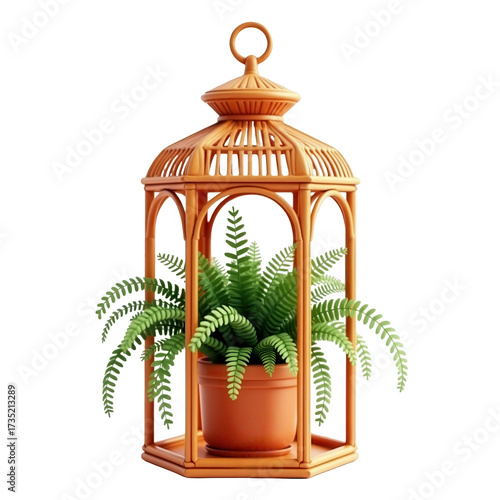 Decorative orange rattan lantern filled with a potted fern plant, set against a stark black background, illustrating a sense of natural design and decorative interior themes.