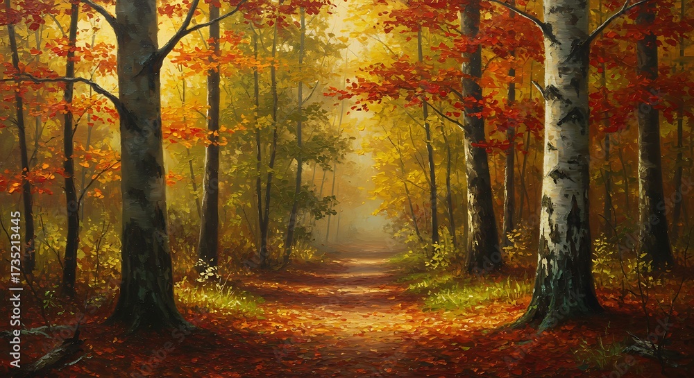 Obraz premium Autumn Forest Path: Serene Landscape with Colorful Foliage