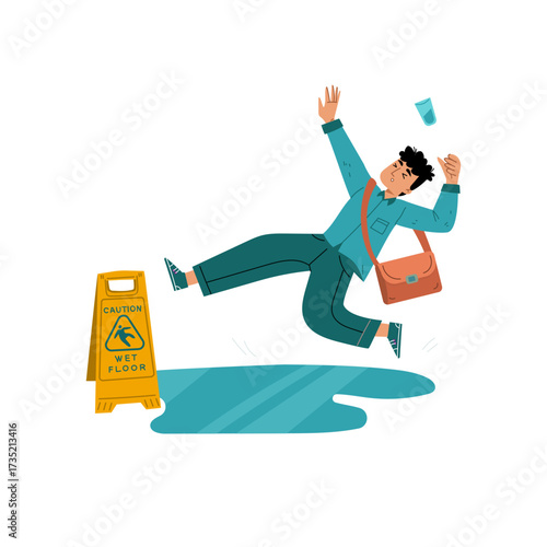 Illustration of a man slipping on a wet floor, highlighting a common hazard and accident prevention concept