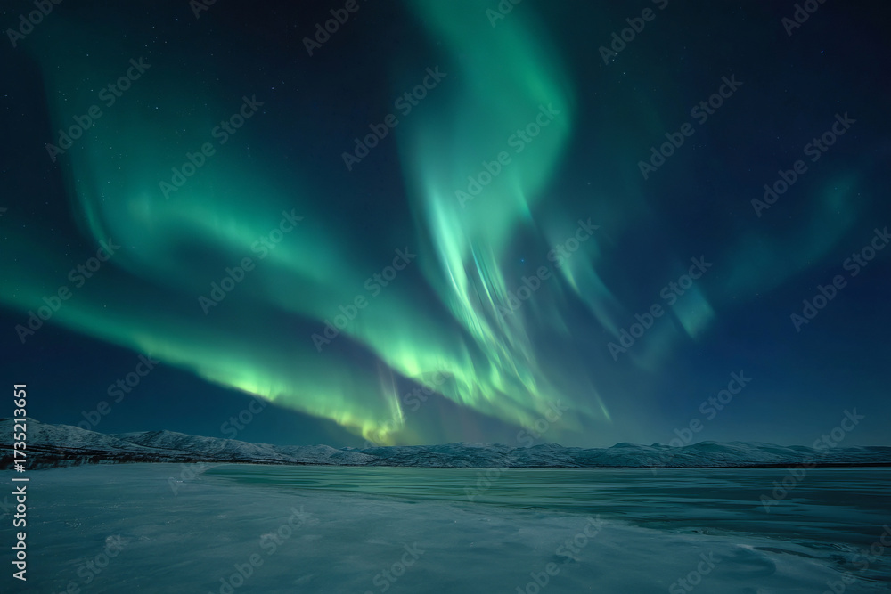 Naklejka premium Stunning aurora borealis over snowy winter landscape at night