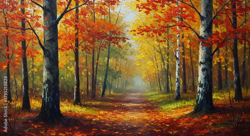 Fototapeta premium Autumnal Forest Path - Oil Painting Style