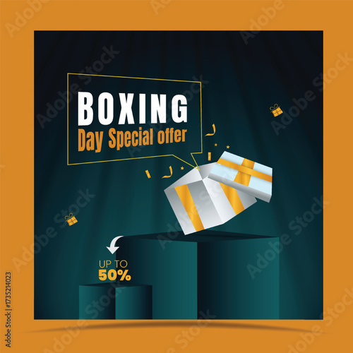  Boxing day sale social media post design with opened gift box. free stock illustration for greeting card, ad, promotion, poster, flier, blog, article, social media, marketing