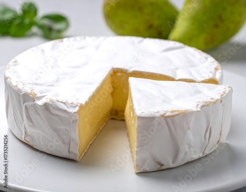 Round wheel of brie cheese, sliced