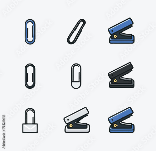 Office Supplies Icons Arrangement Paper Clips and Staplers on Light Background Visual Presentation
